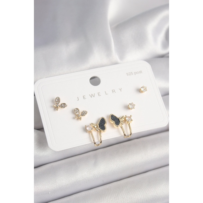 925 Ayar Gümüş Çivi Pirinç Zirkon Taşlı Kelebek Model Kadın Küpe Seti - Lisinya