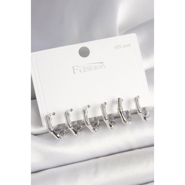 925 Ayar Gümüş Çivi Pirinç Gümüş Renk Bambu Halka Model Kadın Küpe Seti - Lisinya