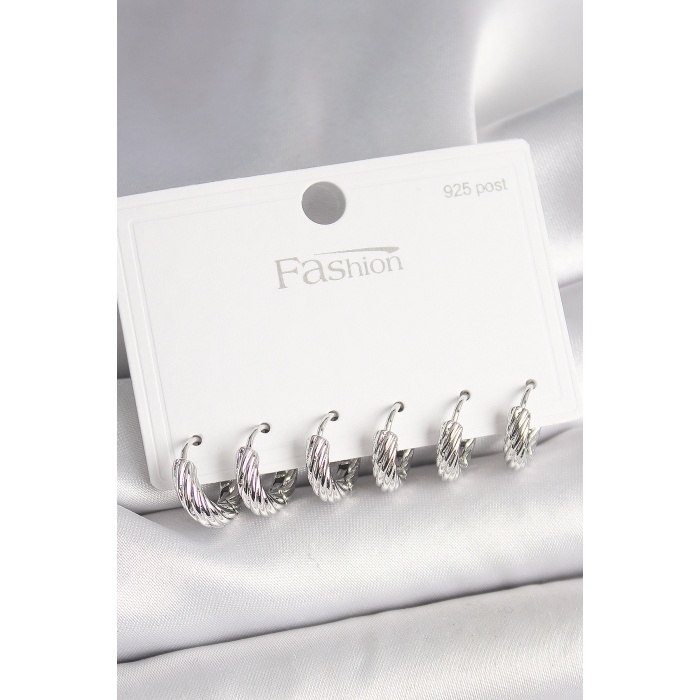 925 Ayar Gümüş Çivi Pirinç Gümüş Renk İşlemeli Halka Model Kadın Küpe Seti - Lisinya