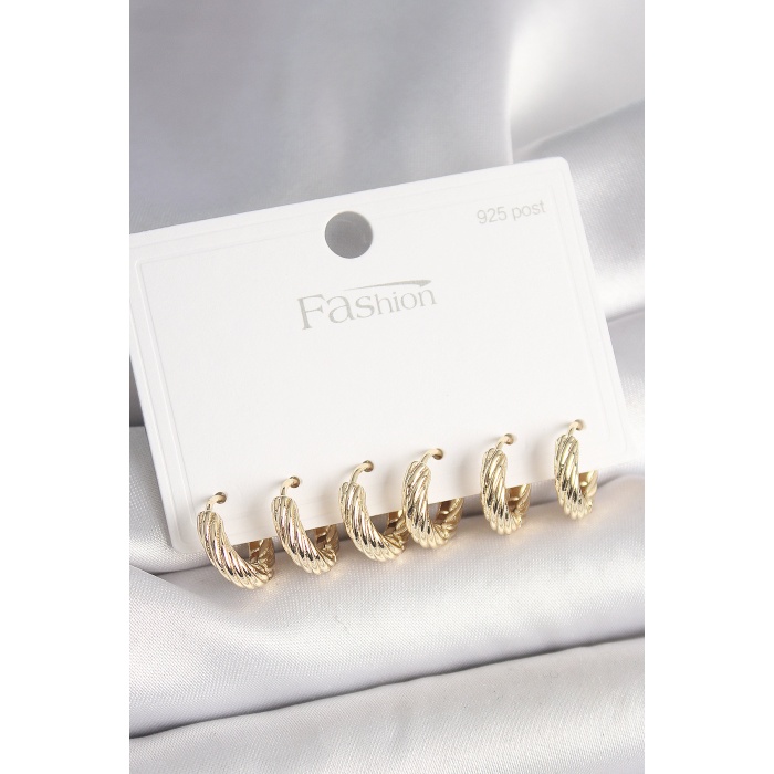 925 Ayar Gümüş Çivi Pirinç Gold Renk İşlemeli Halka Model Kadın Küpe Seti - Lisinya