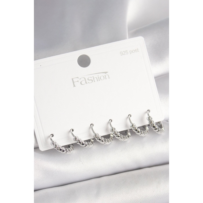 925 Ayar Gümüş Çivi Pirinç Gümüş Renk Kalp İşlemeli Halka Model Kadın Küpe Seti - Lisinya