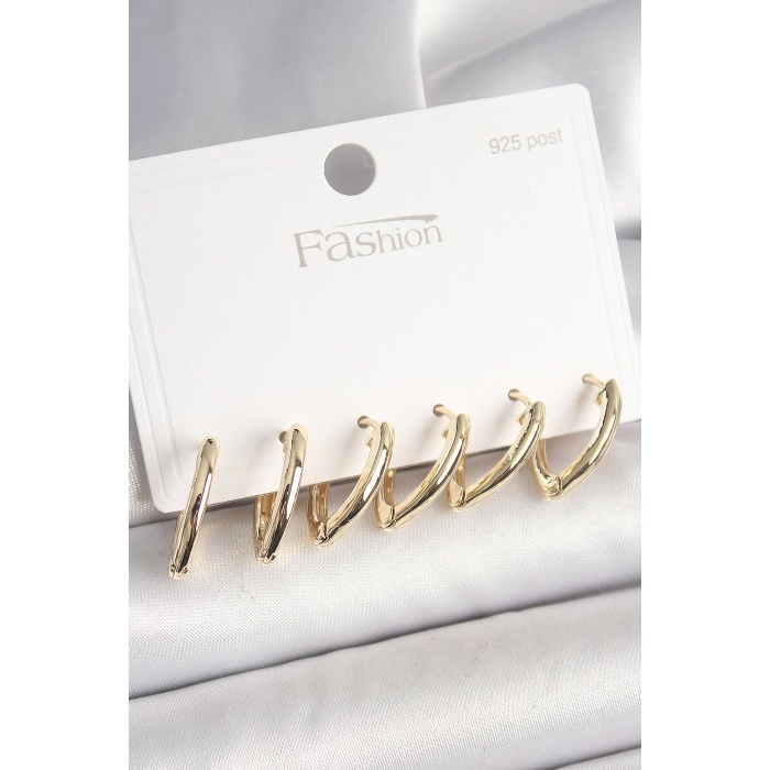 925 Ayar Gümüş Çivi Pirinç Gold Renk Üçgen Model Kadın Küpe Seti - Lisinya