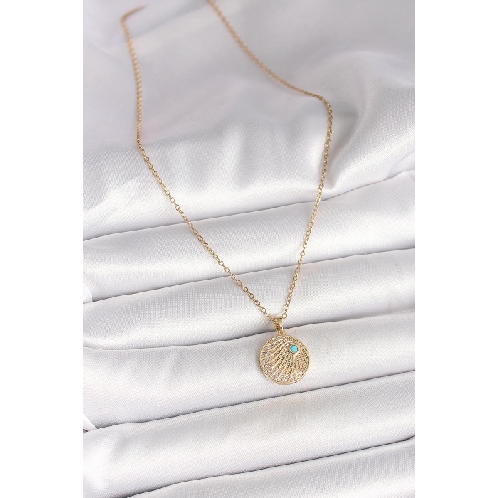 316L Çelik Gold Renk Zincir Zirkon Taş İşlemeli Mavi Taş Detaylı Madalyon Model Kadın Kolye - Lisinya