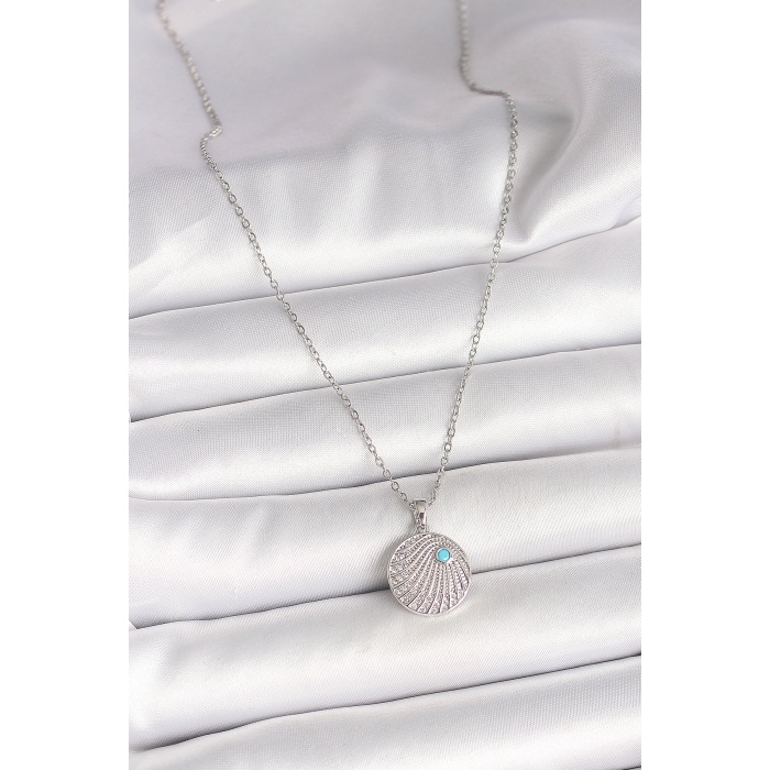 316L Çelik Gümüş Renk Zincir Zirkon Taşlı Mavi Taş Detaylı Madalyon Model Kadın Kolye - Lisinya
