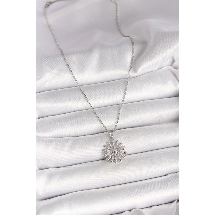 316L Çelik Gümüş Renk Zincir Zirkon Taşlı Güneş Model Kadın Kolye - Lisinya