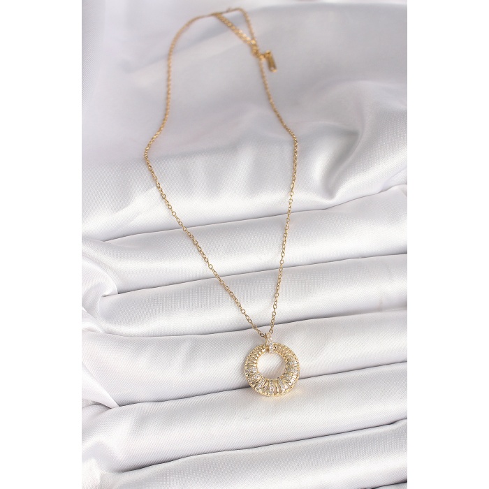 316L Çelik Gold Renk Zincir Zirkon Taş İşlemeli Daire Model Kadın Kolye - Lisinya