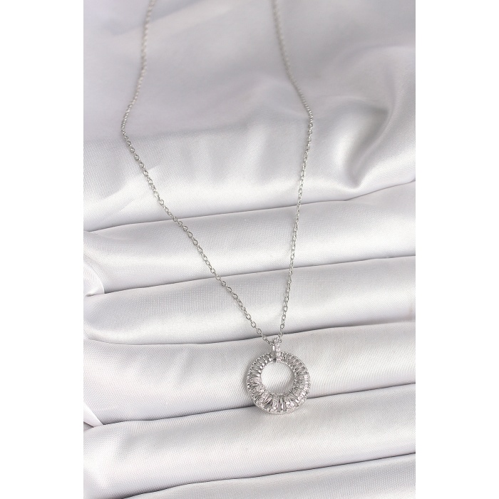316L Çelik Gümüş Renk Zincir Zirkon Taş İşlemeli Daire Model Kadın Kolye - Lisinya