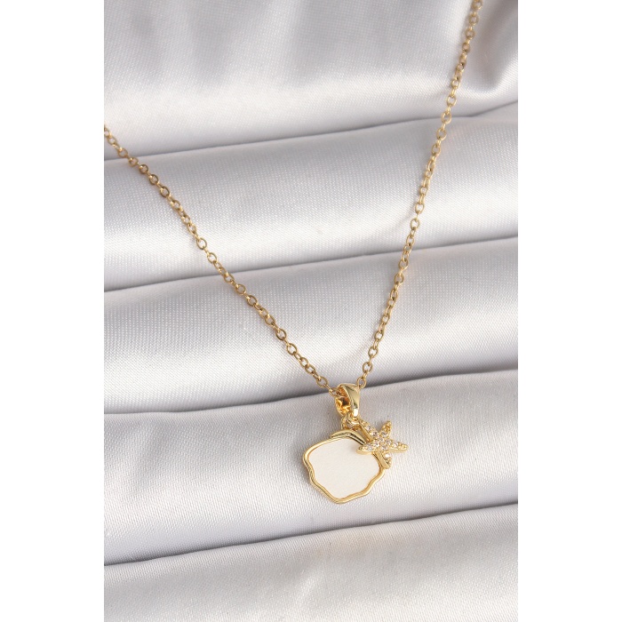 316L Çelik Gold Renk Zincir Sallantı Beyaz Mineli Deniz Kabuğu Zirkon Taşlı Deniz Yıldızı Figür Kadın Kolye - Lisinya