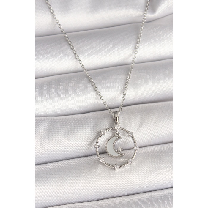 316L Çelik Gümüş Renk Zincir Zirkon Taşlı Beyaz Mineli Hilal Model Kadın Kolye - Lisinya