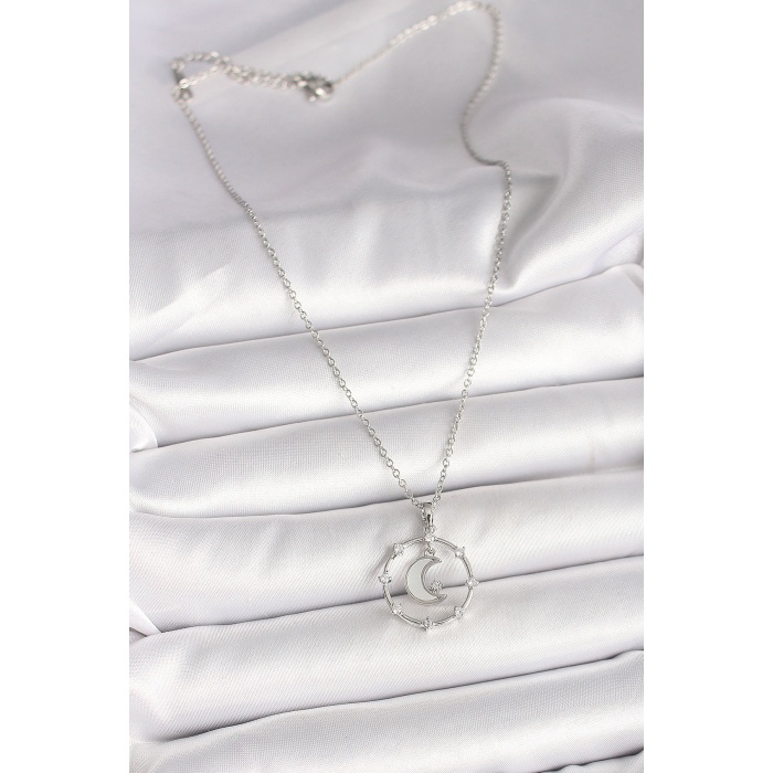 316L Çelik Gümüş Renk Zincir Zirkon Taşlı Beyaz Mineli Hilal Model Kadın Kolye - Lisinya