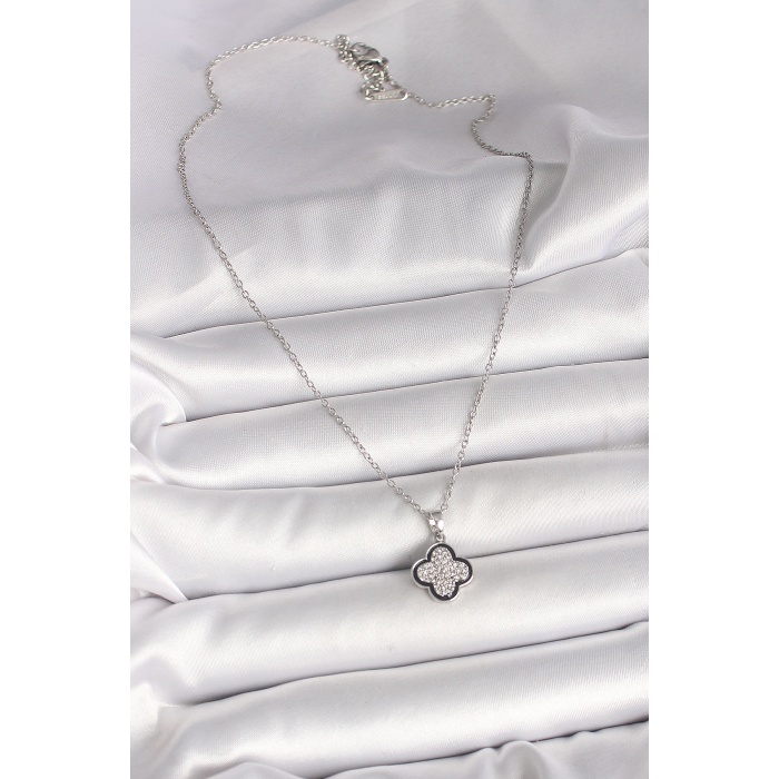 316L Çelik Gümüş Renk Zincir Zirkon Taşlı Yonca Model Kadın Kolye - Lisinya