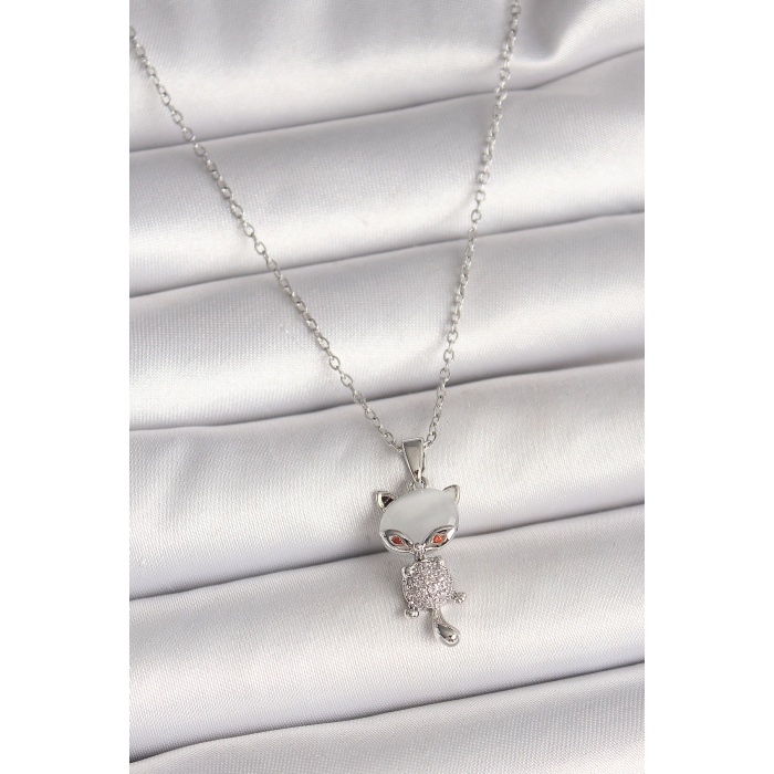 316L Çelik Gümüş Renk Zincir Zirkon Taşlı Kedi Model Kadın Kolye - Lisinya