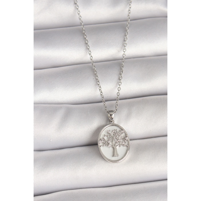 316L Çelik Gümüş Renk Zincir Zirkon Taş İşlemeli Beyaz Mineli Ağaç İşlemeli Portre Model Kadın Kolye - Lisinya