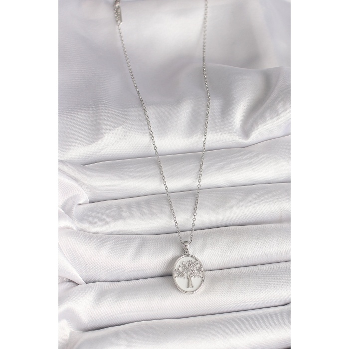 316L Çelik Gümüş Renk Zincir Zirkon Taş İşlemeli Beyaz Mineli Ağaç İşlemeli Portre Model Kadın Kolye - Lisinya