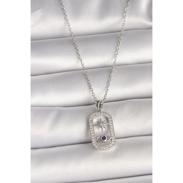 316L Çelik Gümüş Renk Zincir Zirkon Taşlı Göz Yıldız Model Kadın Kolye - Lisinya