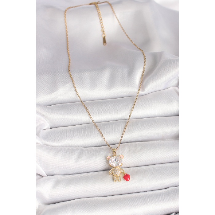 316L Çelik Gold Renk Zincir Zirkon Taşlı Ayıcık Model Kırmızı Kalp Detay Kadın Kolye - Lisinya