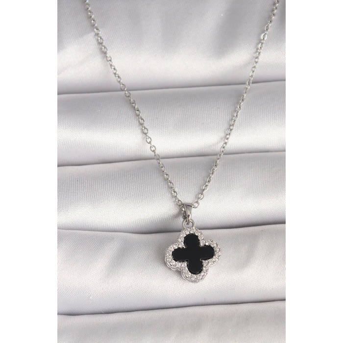 316L Çelik Gümüş Renk Zincir Zirkon Taşlı Yonca Model Kadın Kolye - Lisinya