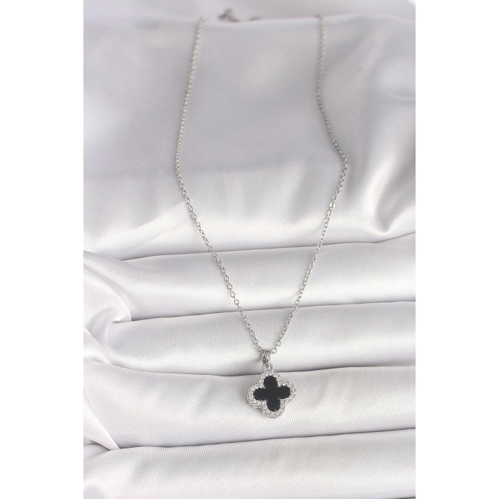 316L Çelik Gümüş Renk Zincir Zirkon Taşlı Yonca Model Kadın Kolye - Lisinya