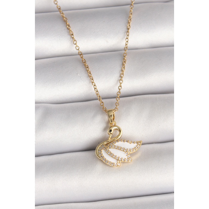 316L Çelik Gold Renk Zincir Zirkon Taşlı Kuğu Model Kadın Kolye - Lisinya