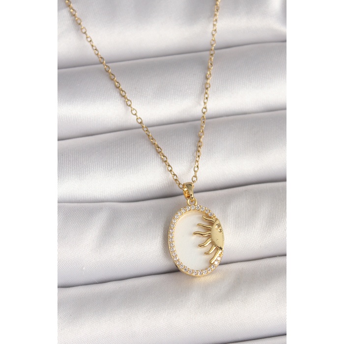 316L Çelik Gold Renk Zincir Beyaz Mineli Gün Batımı Model Zirkon Taş Detay Kadın Kolye - Lisinya