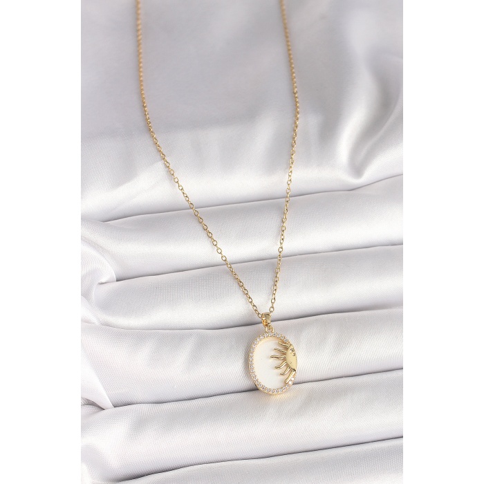 316L Çelik Gold Renk Zincir Beyaz Mineli Gün Batımı Model Zirkon Taş Detay Kadın Kolye - Lisinya