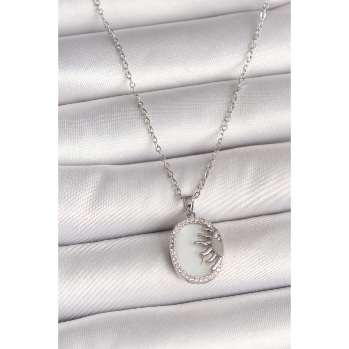 316L Çelik Gümüş Renk Zincir Beyaz Mineli Gün Batımı Model Zirkon Taş Detaylı Kadın Kolye - Lisinya