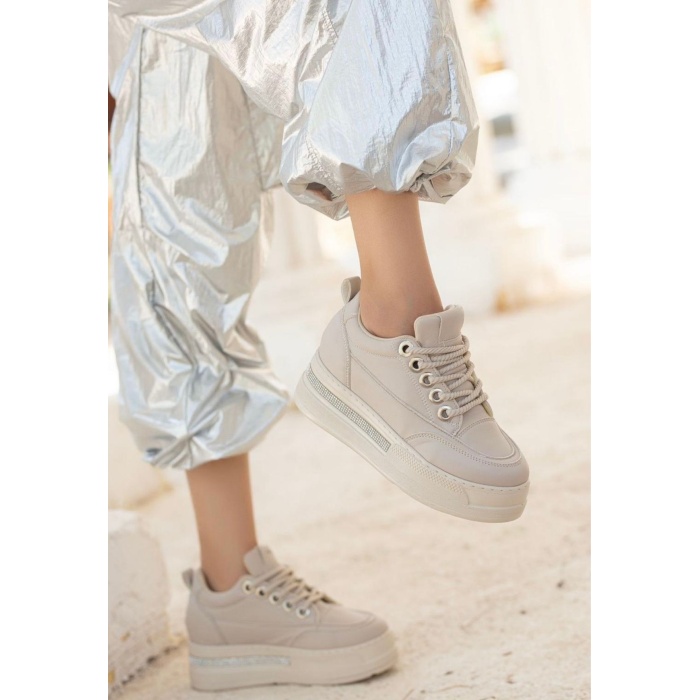 Lulu Bej Cilt Bağcıklı Spor Ayakkabı - Lisinya