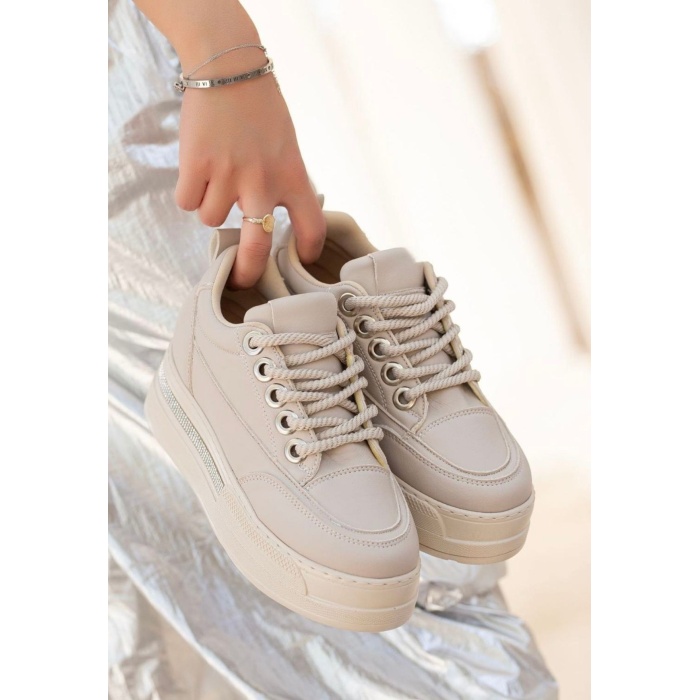 Lulu Bej Cilt Bağcıklı Spor Ayakkabı - Lisinya