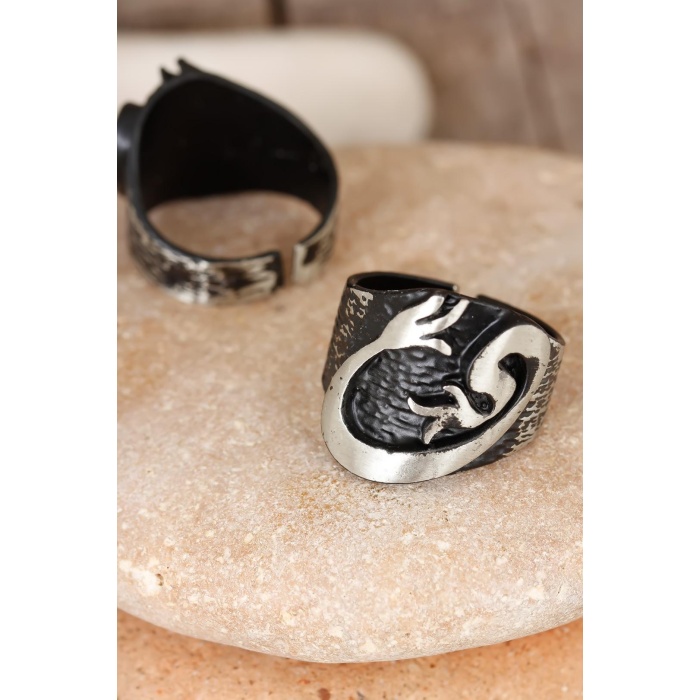 Lale Figürlü Füme Gri Renk Ayarlamalı Erkek Yüzük - Lisinya