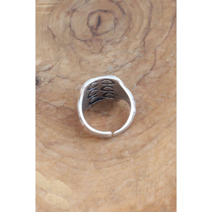 Motifli Gümüş Renk Ayarlanabilir Erkek Yüzük - Lisinya