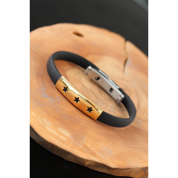 Gold Renk Çelik Yıldızlı Tasarım Siyah Renk Silikon Erkek Bileklik - Lisinya