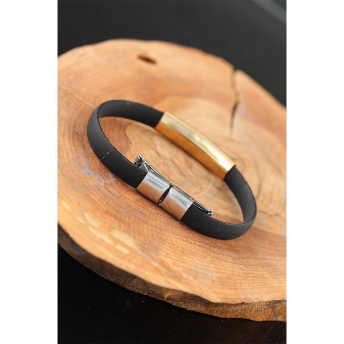 Gold Renk Çelik Yıldızlı Tasarım Siyah Renk Silikon Erkek Bileklik - Lisinya