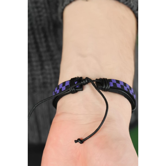 Mor Renk Damalı Deri Erkek Bileklik - Lisinya