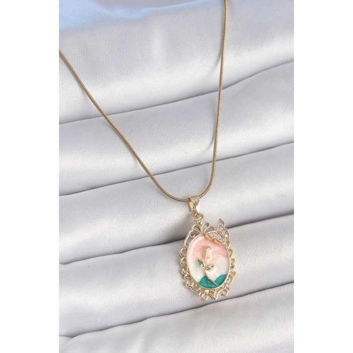 316L Çelik Gold Renk Zincir Mix Renk Çiçek İşlemeli Zirkon Taş Detaylı Portre Model Kadın Kolye - Lisinya