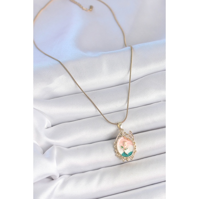 316L Çelik Gold Renk Zincir Mix Renk Çiçek İşlemeli Zirkon Taş Detaylı Portre Model Kadın Kolye - Lisinya