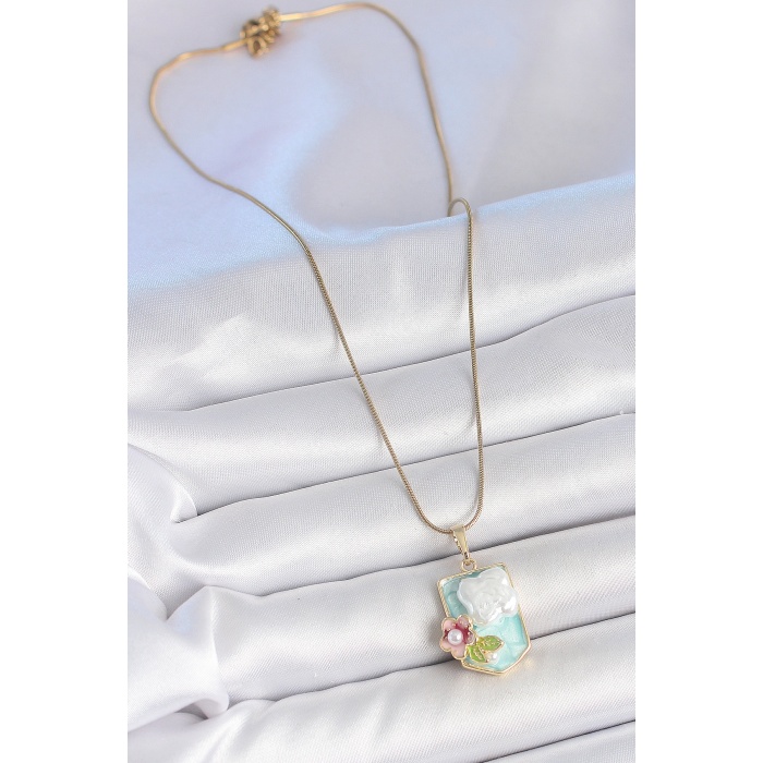 316L Çelik Gold Renk Zincir Mavi Mineli İncili Çiçek İşlemeli Portre Model Kadın Kolye - Lisinya