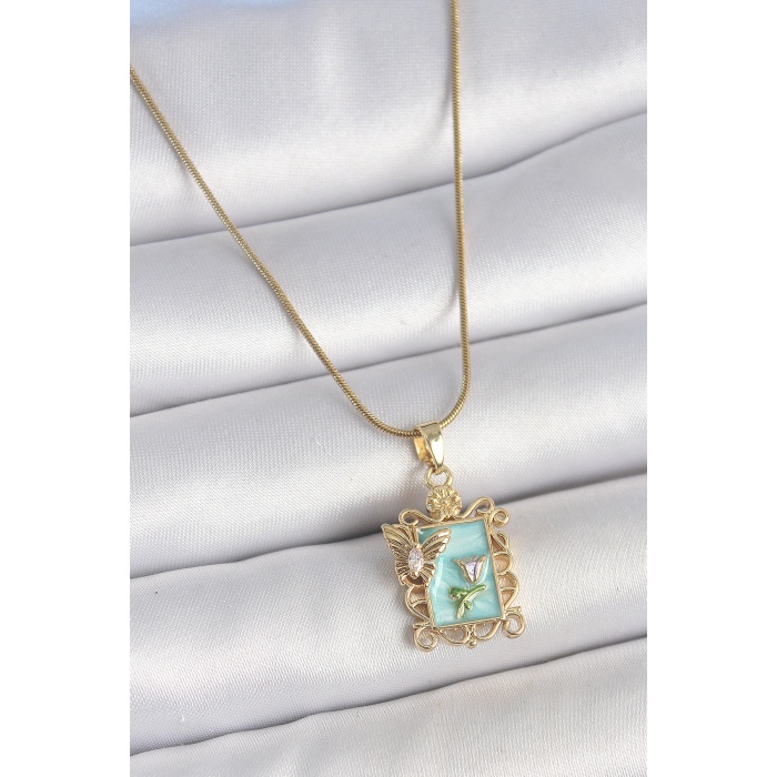 316L Çelik Gold Renk Zincir Mavi Mineli Çiçek İşlemeli Zirkon Taşlı Kelebek Detay Portre Model Kadın Kolye - Lisinya