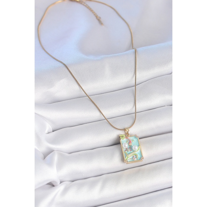 316L Çelik Gold Renk Zincir Mavi Mineli İncili Çiçek İşlemeli Portre Model Kadın Kolye - Lisinya