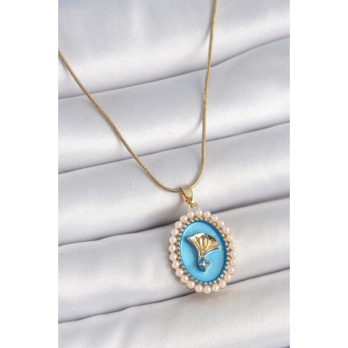 316L Çelik Gold Renk Zincir Mavi Mineli İncili Zirkon Taşlı Çiçek İşlemeli Portre Model Kadın Kolye - Lisinya