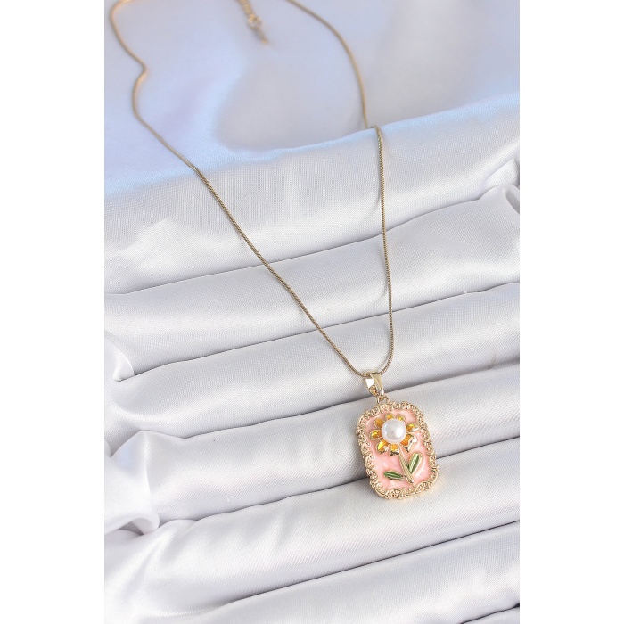 316L Çelik Gold Renk Zincir Pembe Mineli İncli Papatya Model Portre Model Kadın Kolye - Lisinya