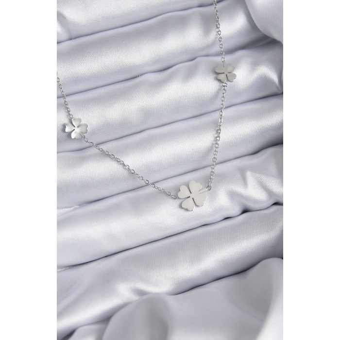 316L Çelik Zincir Gümüş Renk Yonca Model Kadın Kolye - Lisinya