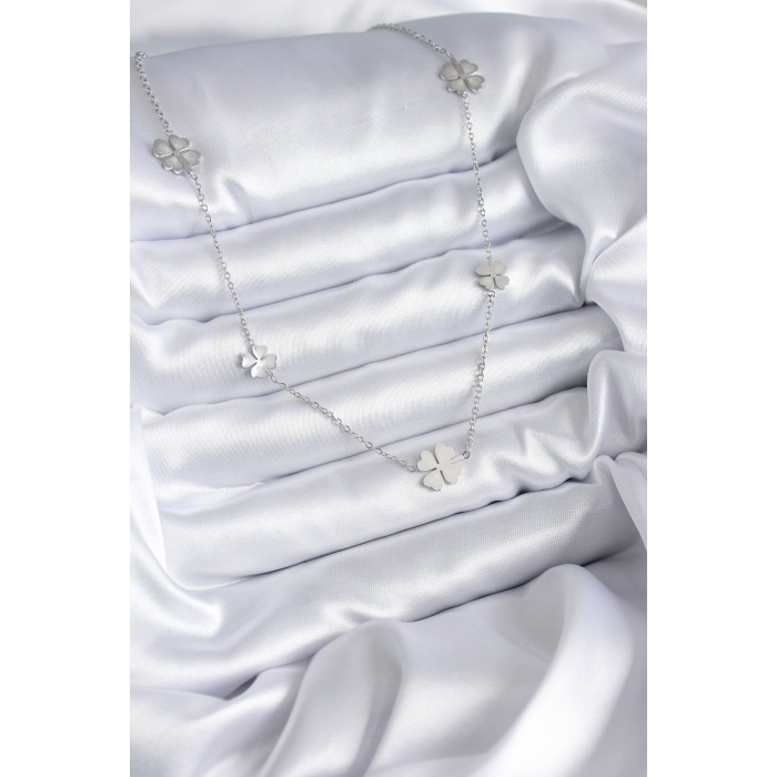 316L Çelik Zincir Gümüş Renk Yonca Model Kadın Kolye - Lisinya