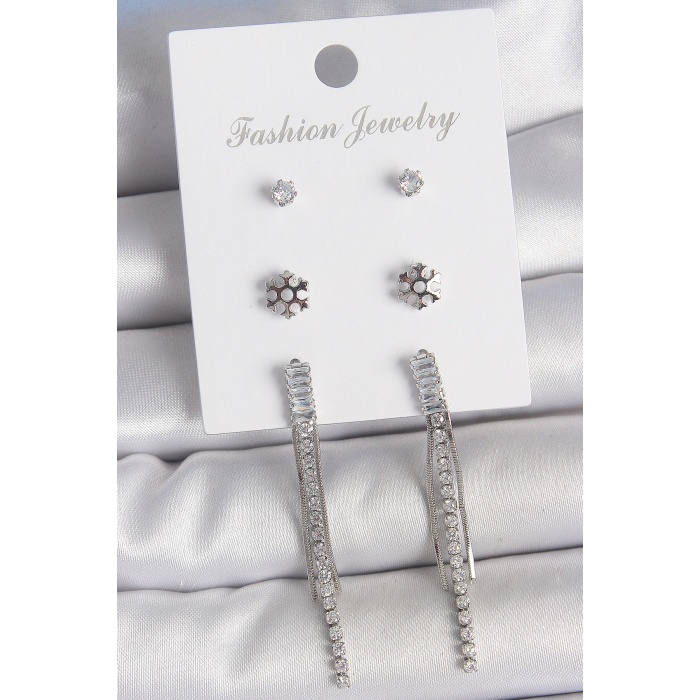 Pirinç Gold Renk Zirkon Taşlı Sallantılı Çiçek Detay 3 Çfit Kadın Küpe Seti - Lisinya