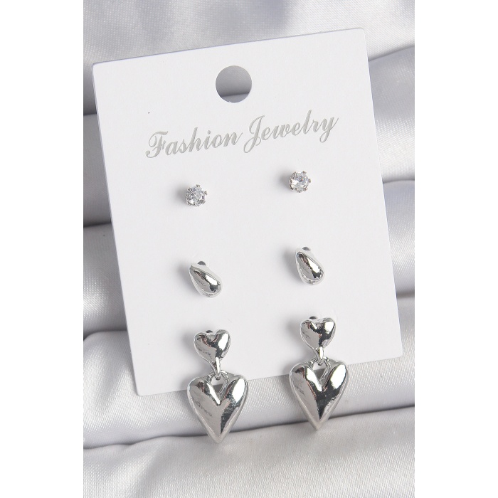 Pirinç Gümüş Renk Zirkon Taşlı Sallantılı Kalp Model 3 Çift Kadın Küpe Seti - Lisinya