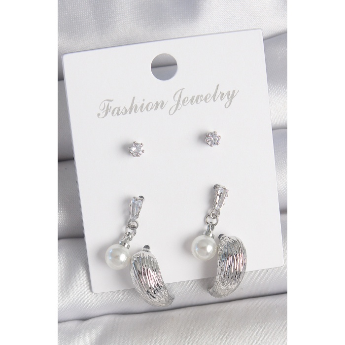 Pirinç Gümüş Renk Sallantılı Zirkon Taşlı Damla Model 3 Çift Kadın Küpe Seti - Lisinya