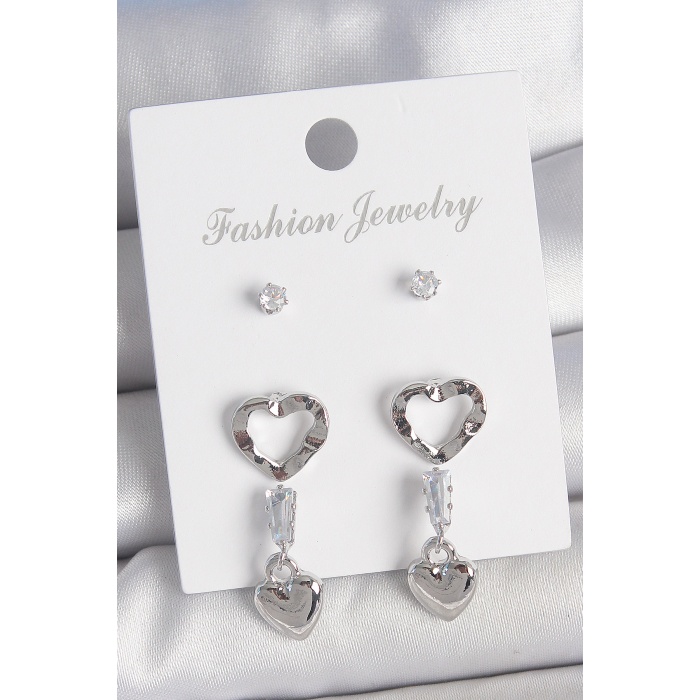 Pirinç Gümüş Renk Zirkon Taş Detaylı Sallantı Model 2 Çift Kadın Küpe Seti - Lisinya