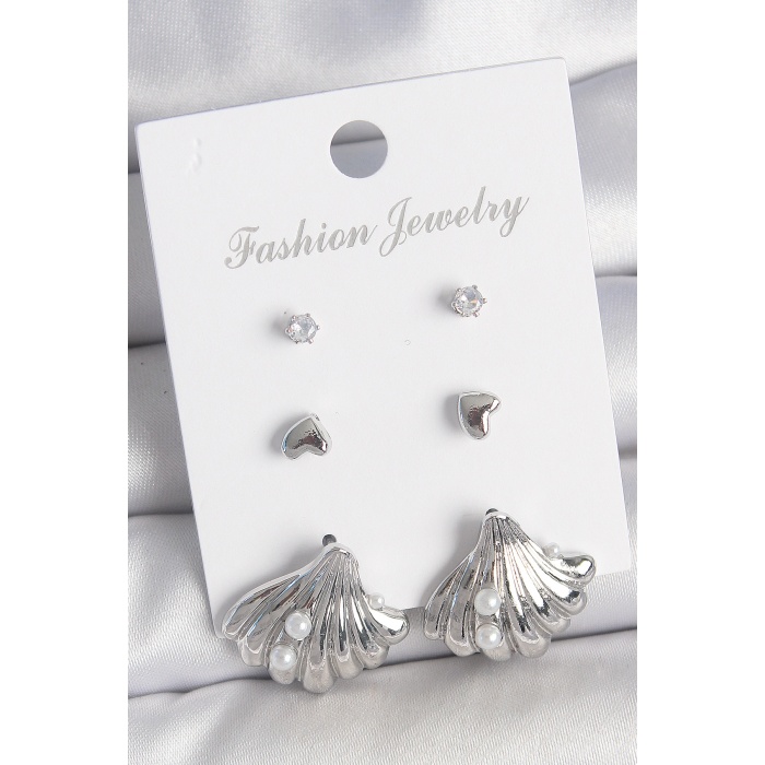 Pirinç Gümüş Renk Zirkon Taş Detaylı İnci Detaylı Deniz Kabuğu Model 3 Çift Kadın Küpe - Lisinya