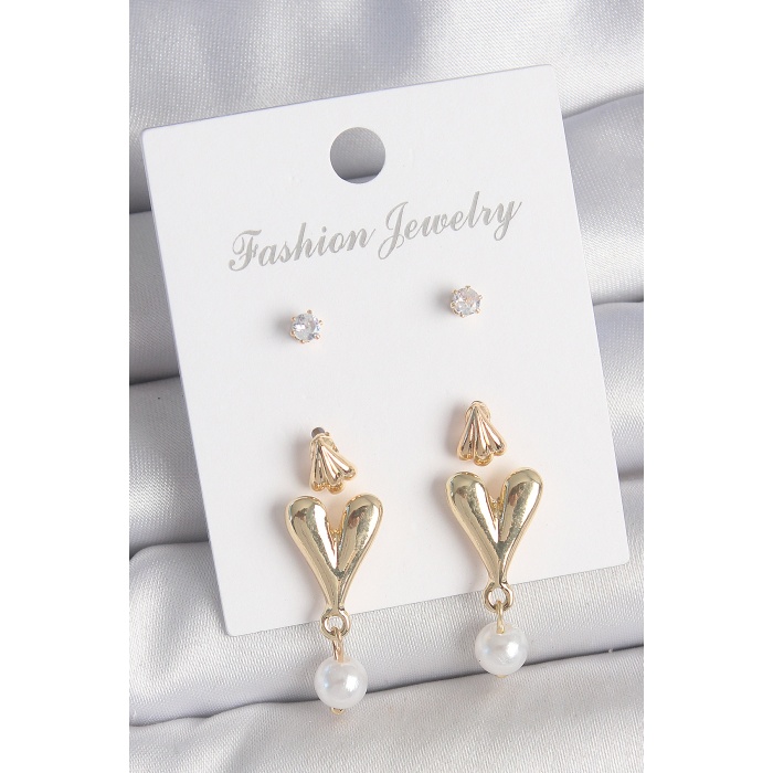 Pirinç Gold Renk Zirkon Taşlı İncili Sallantılı Kalp Model 3 Çift Kadın Küpe Seti - Lisinya