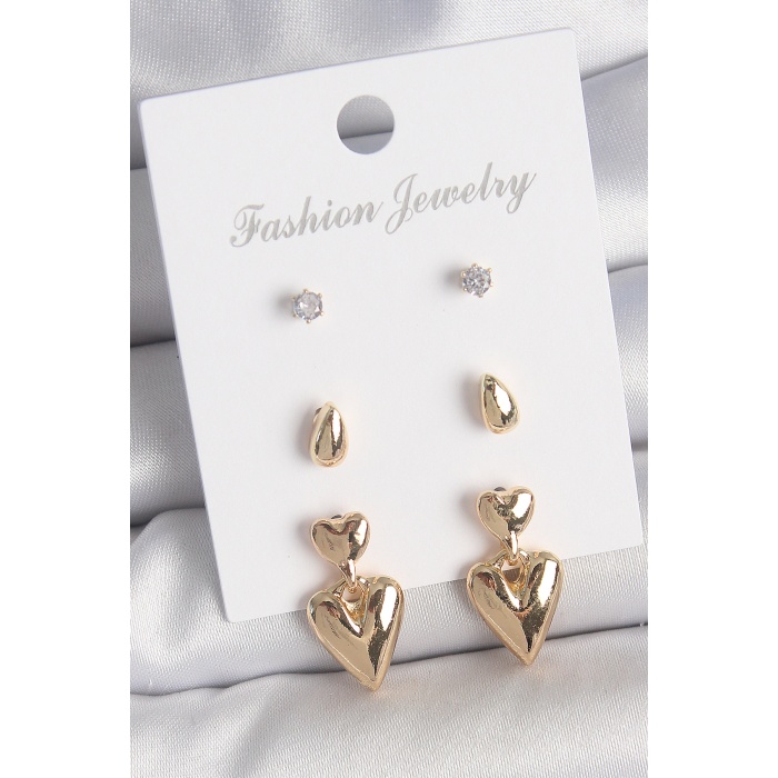 Pirinç Gold Renk Zirkon Taşlı Sallantılı Kalp Model 3 Çift Kadın Küpe Seti - Lisinya