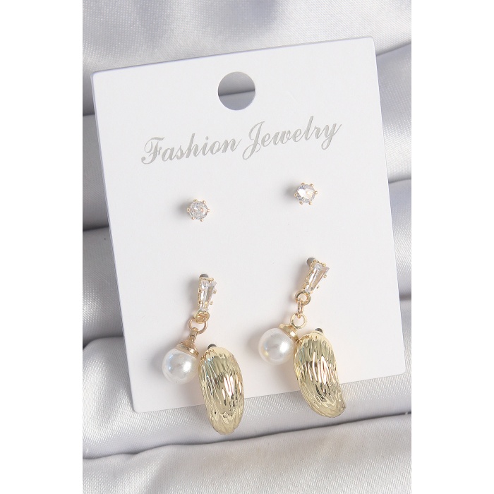 Pirinç Gold Renk Zirkon Taşlı İncili Sallantılı İşlemeli Damla Model 3 Çift Kadın Küpe Seti - Lisinya